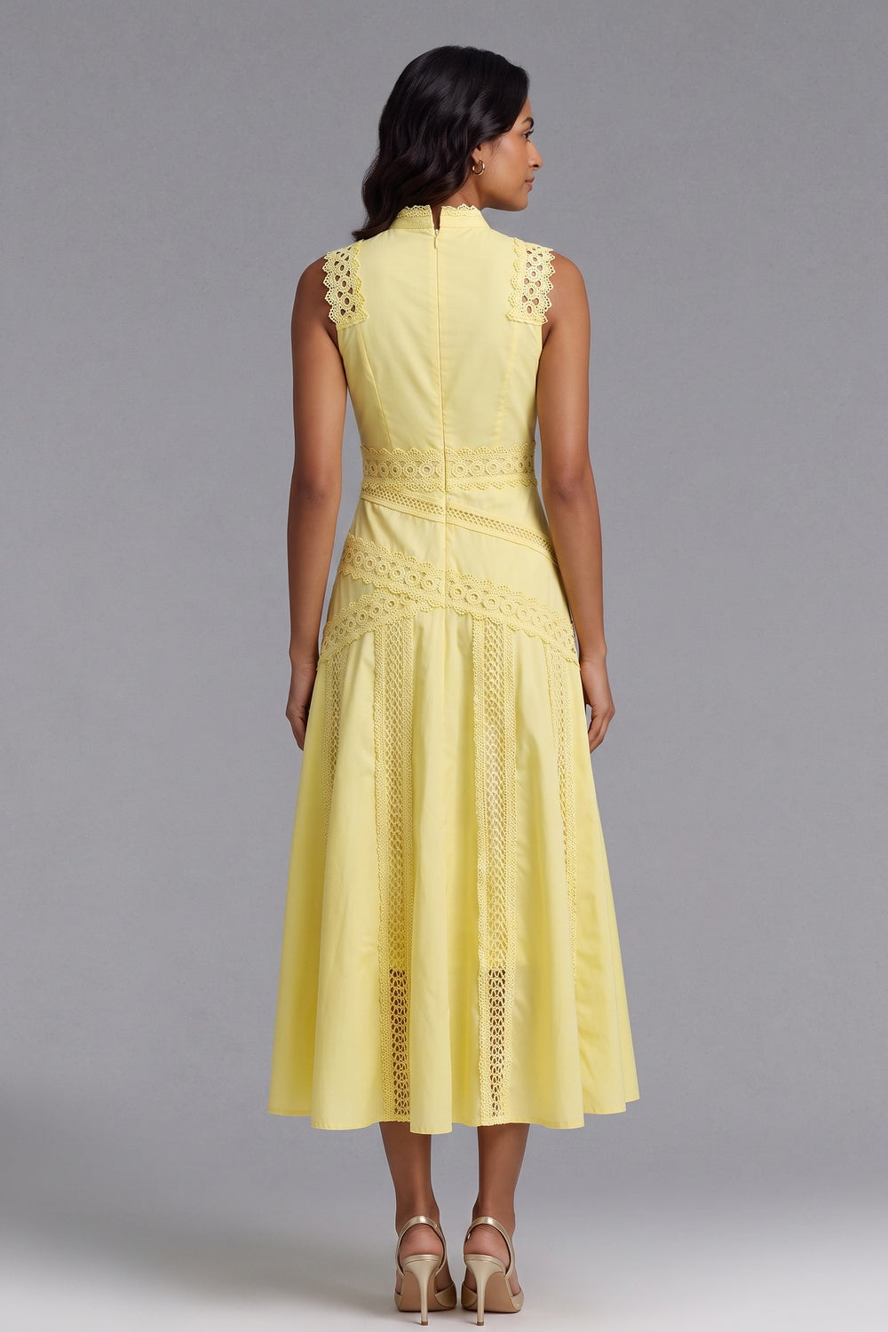 87b2e76a4d234f8b YELLOW A-LINE LACE MIDI DRESS FOR WEDDING GUEST
