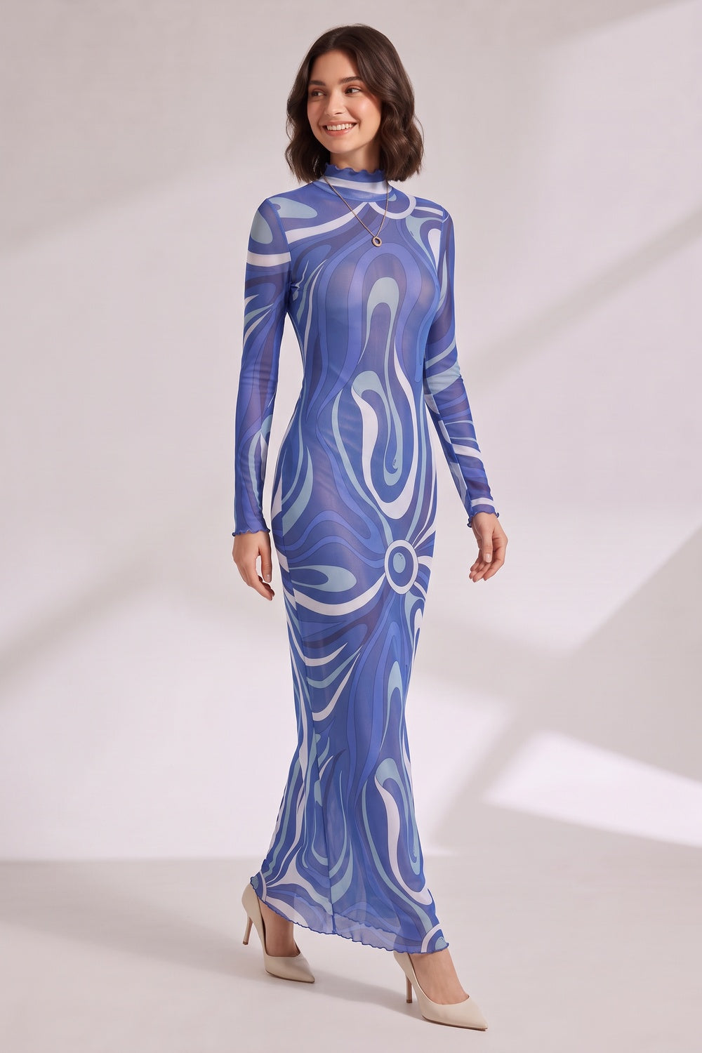 BLUE ABSTRACT PRINT LONG SLEEVE MAXI DRESS