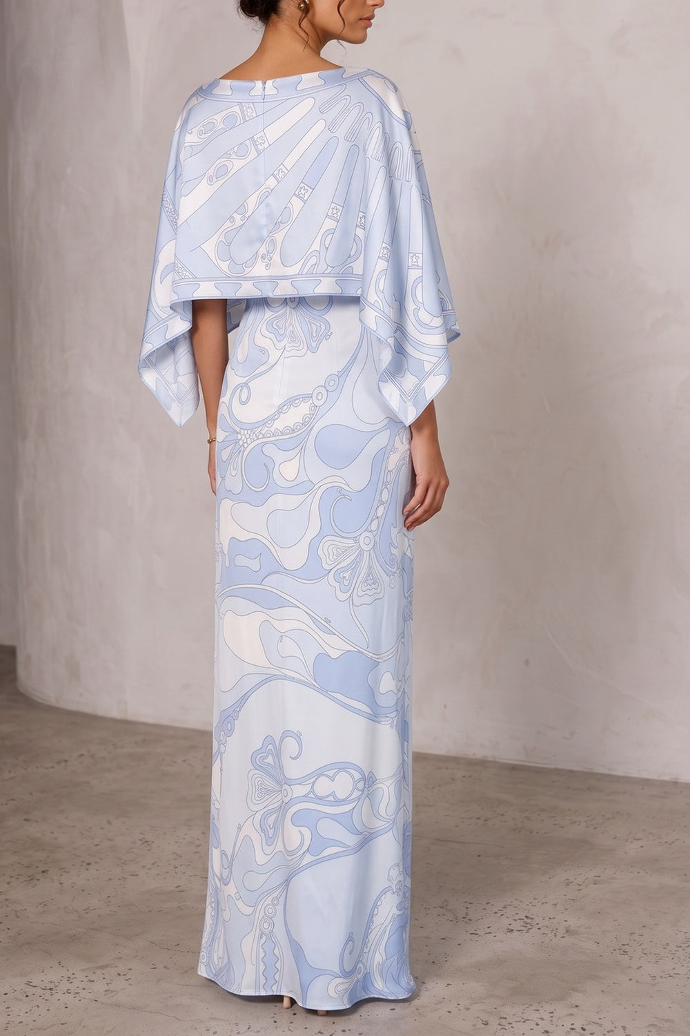881702a285c65bd8 PRINTED CAPE SATIN MAXI DRESS FOR EVENING