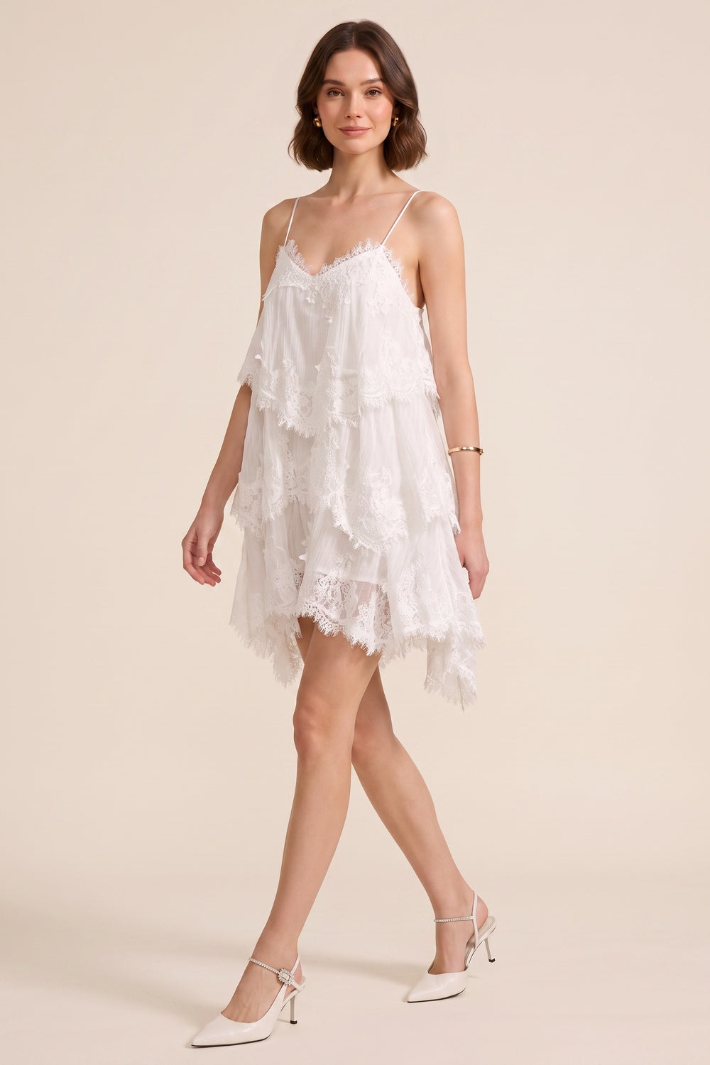 883c6d7f441b30c3 WHITE LACE FRINGE ASYMMETRIC MINI DRESS