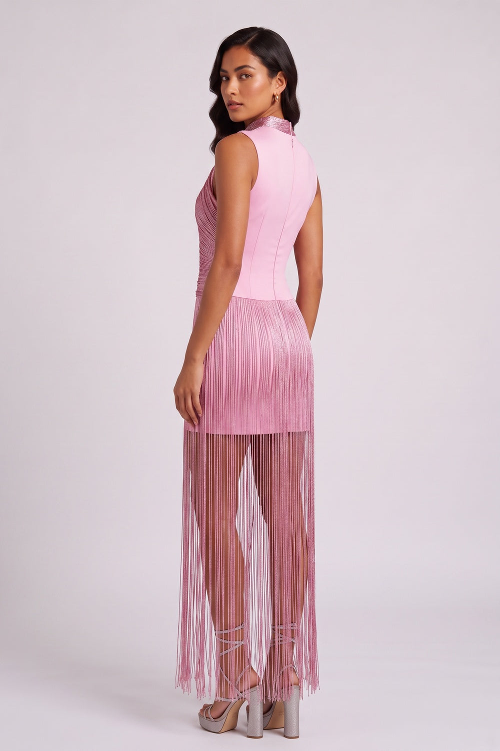 8861e2a483b54818 METALLIC TWIST NECK FRINGE MIDI DRESS, PARTY