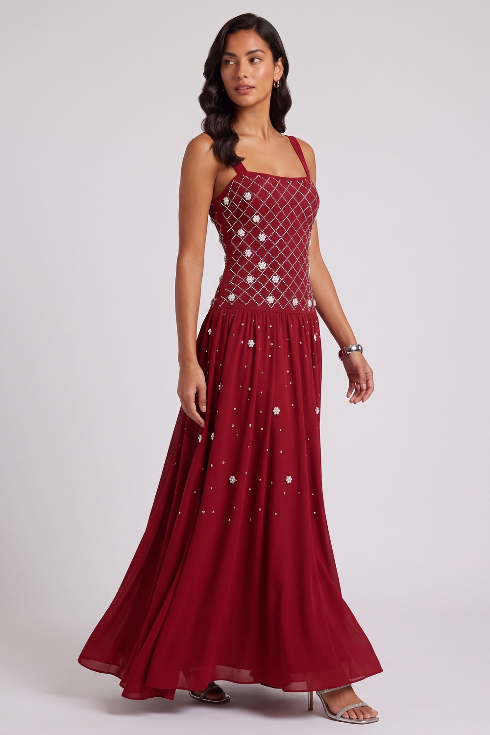 8878153b00fa0a02 SQUARE NECK RHINESTONE PEARL FLOWY MAXI DRESS