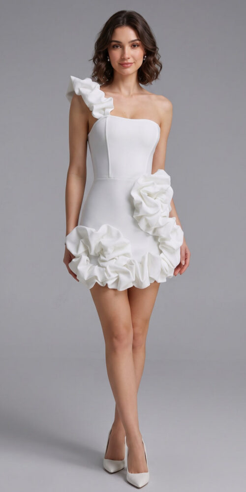 Foisi fit-and-flare evening dress lifestyle shot, model indoor soft window light
