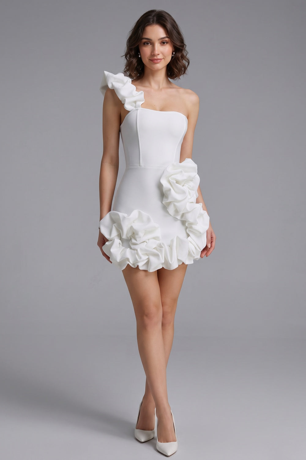 8887bb37c05833be WHITE ONE-SHOULDER BODYCON MINI DRESS, STRUCTURED CREPE
