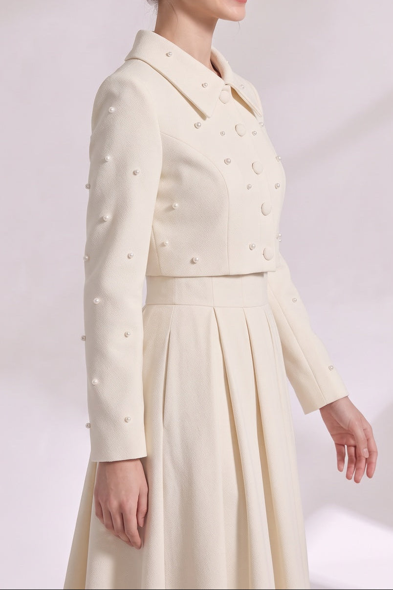 889fd61047221aaa PEARL COLLAR CROP BLAZER & PLEATED MIDI SKIRT SET
