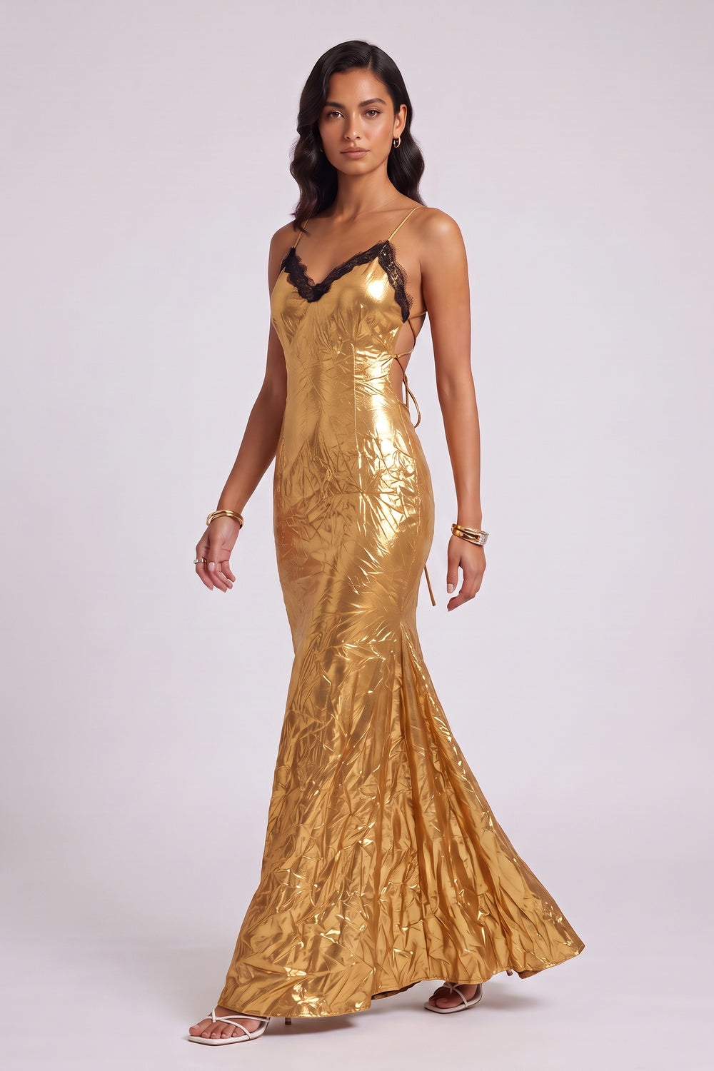 88bd2dcc476d271d GOLD LACE TRIM MERMAID MAXI DRESS, SPAGHETTI STRAP EVENING GOWN