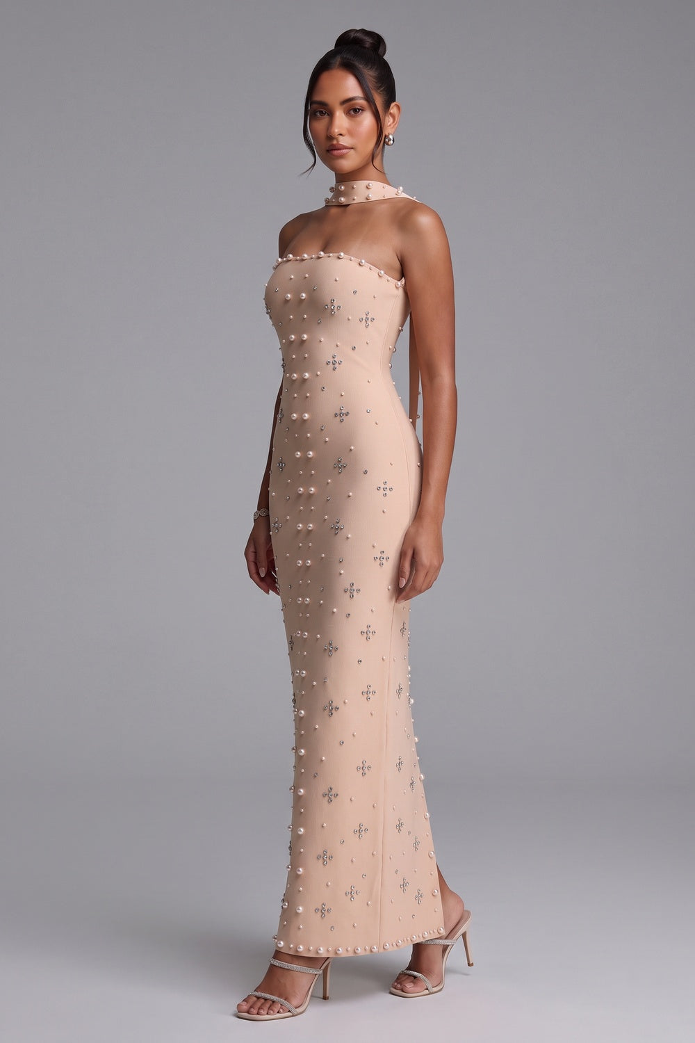BEIGE PEARL HALTER MAXI DRESS WEDDING GUEST