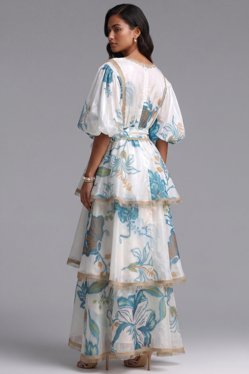 88f19a4d4d877aa9 WHITE SEMI-SHEER ORGANZA A-LINE TIERED MAXI DRESS