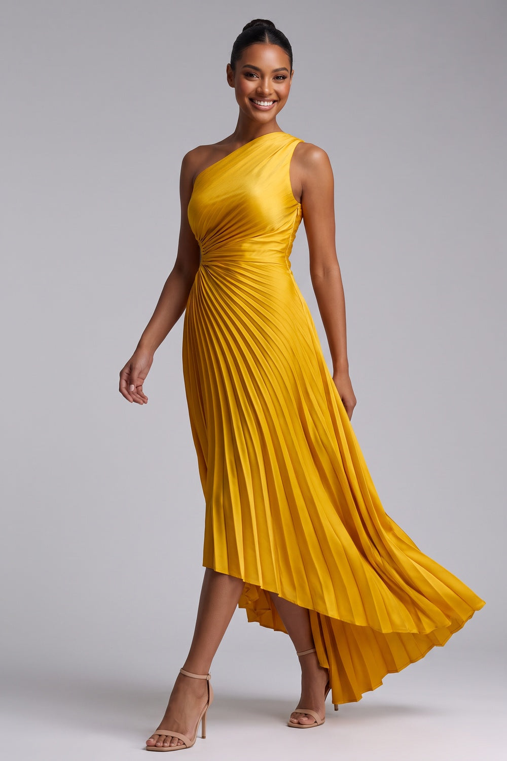 890d69720192a2ba YELLOW ONE-SHOULDER PLEATED MIDI DRESS FOR WEDDING