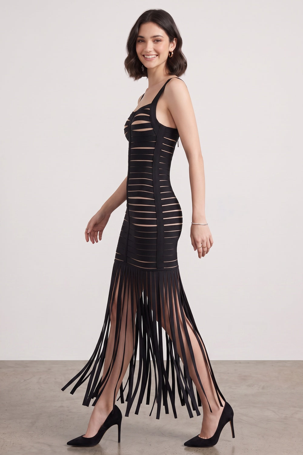 897d8963c81e8406 BLACK FRINGE BANDAGE KNIT MAXI DRESS FOR EVENING