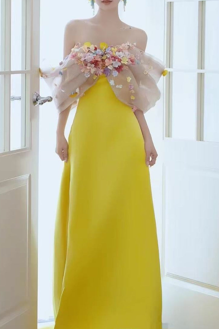 89a3497723db088d962a3a7e840d717d BRIGHT YELLOW SATIN STRAPLESS MAXI GOWN WITH 3D COLORFUL FLORAL TULLE BUST