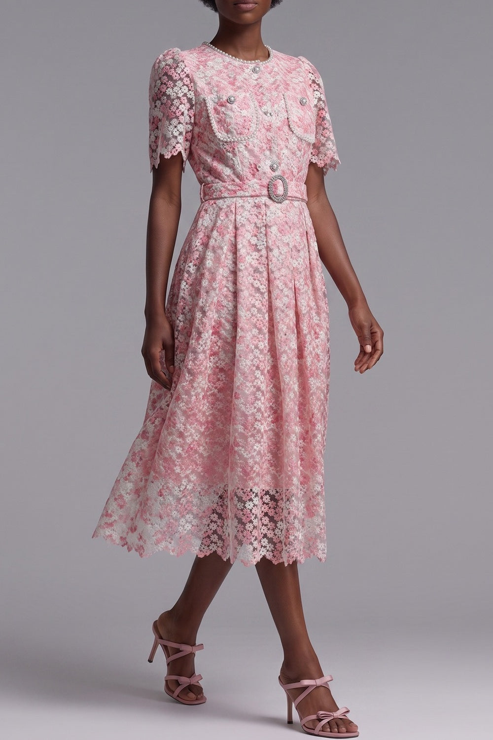 89b236883142d5dc PINK FLORAL LACE MIDI DRESS W/ BELT