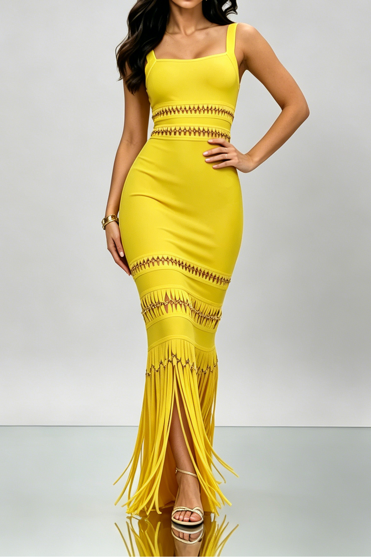8_4e8ed13e-0956-4709-8234-5f1cffd34203 BRIGHT YELLOW CUTOUT FRINGE BANDAGE MERMAID MAXI DRESS