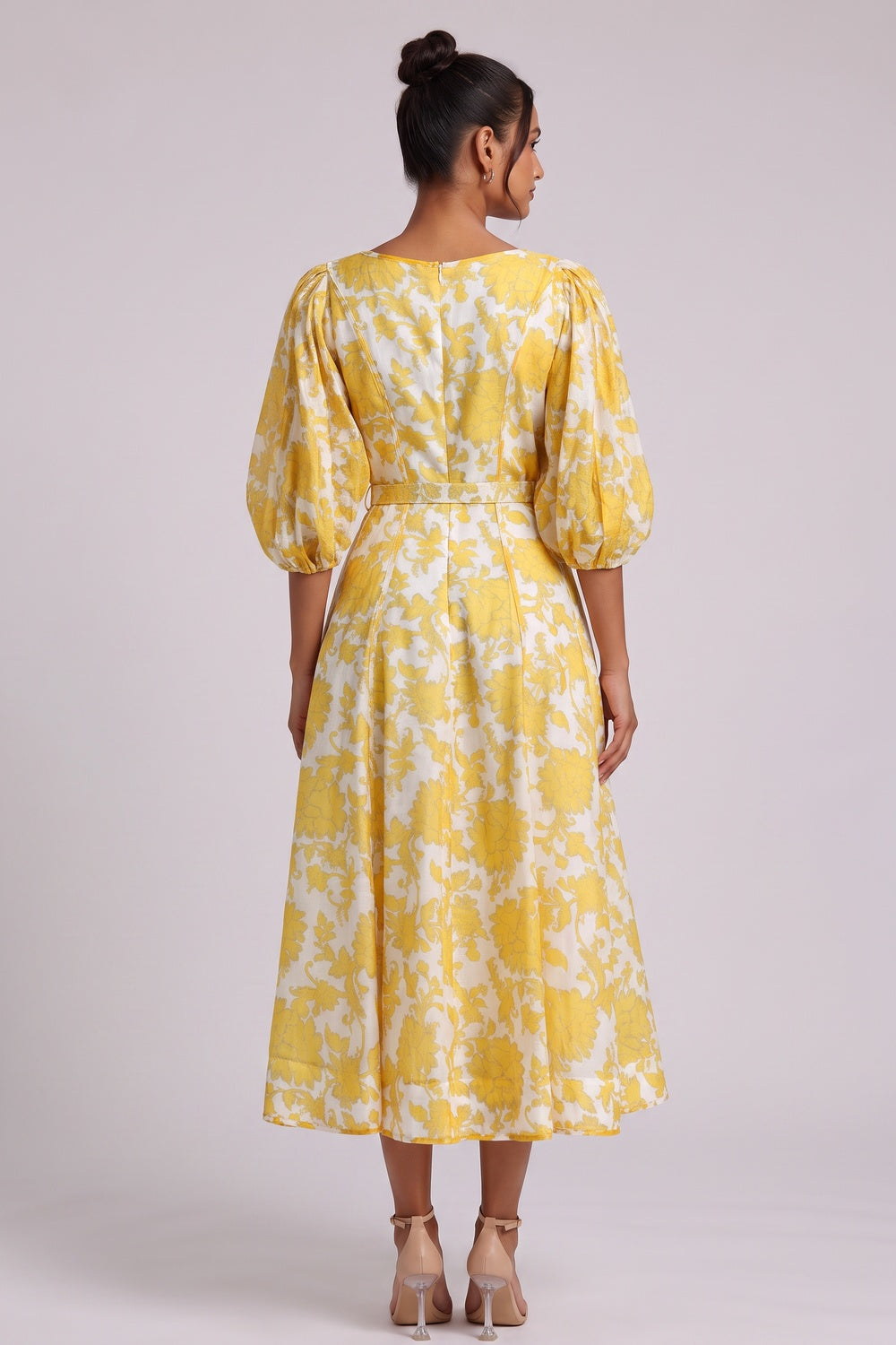 8a2cc67448254a66 YELLOW FLORAL BELTED MIDI DRESS FOR WEDDING GUEST