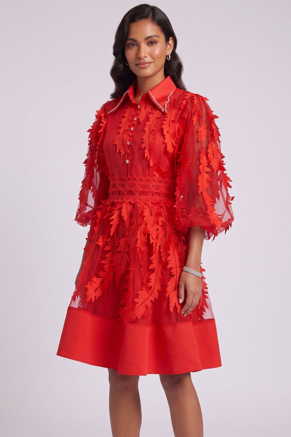 8a58648fb07aa261 RED SHEER ORGANZA 3D FLORAL FIT-FLARE COCKTAIL DRESS