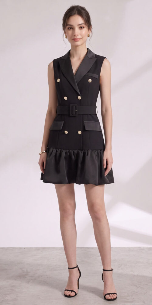 8aaf3fa68dd5f6bb BLACK RUFFLED HEM TAILORED BLAZER DRESS, MATTE CREPE