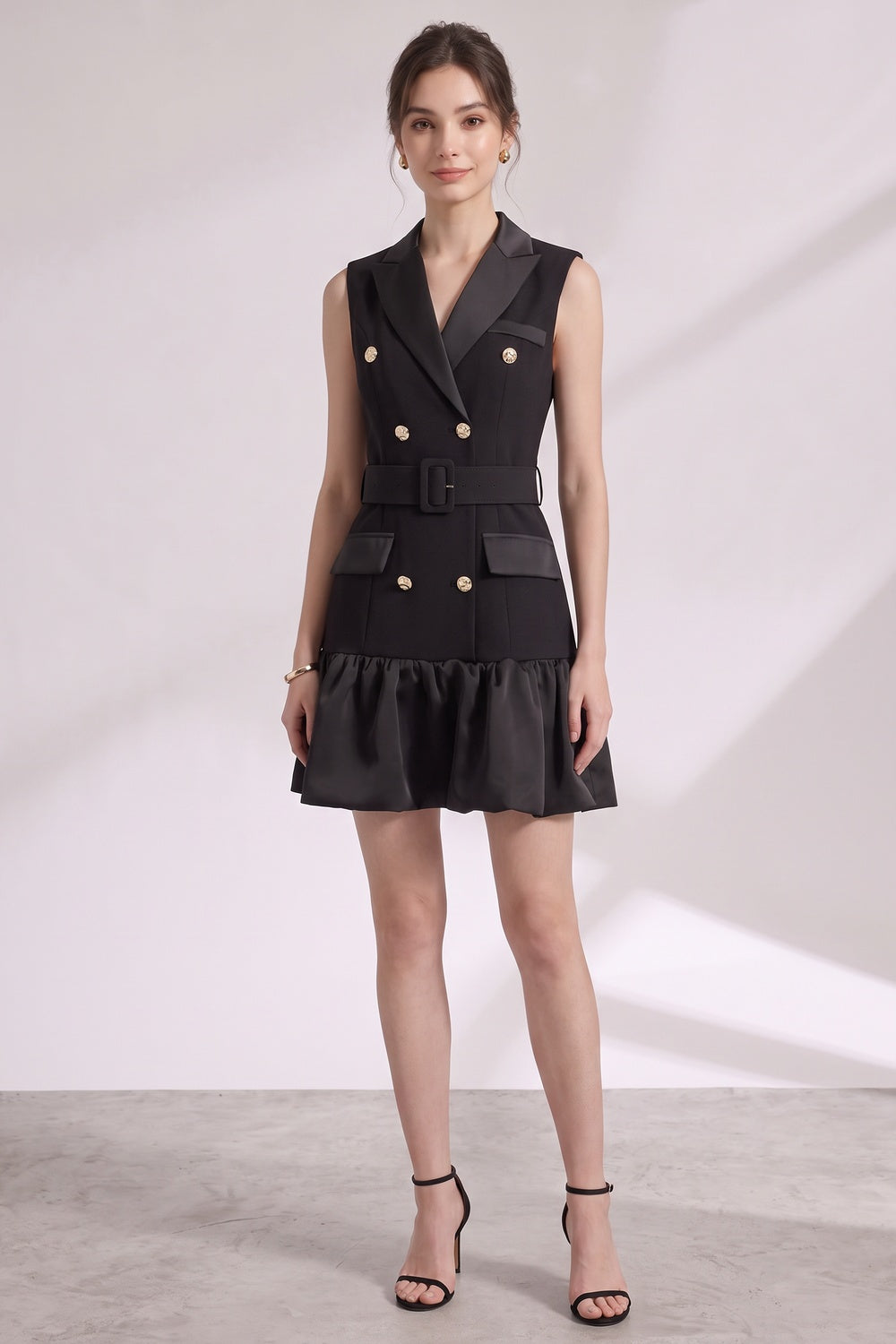 8aaf3fa68dd5f6bb BLACK RUFFLED HEM TAILORED BLAZER DRESS, MATTE CREPE