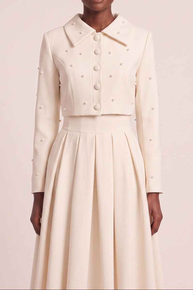 8ad5d544dd20bdb9 PEARL COLLAR CROP BLAZER & PLEATED MIDI SKIRT SET