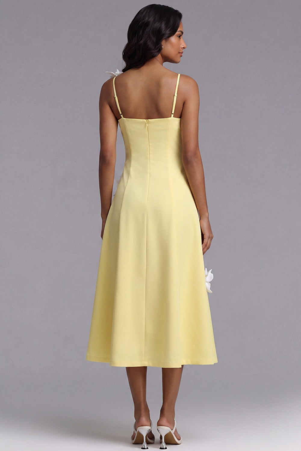 8adaa78ecf88ea2c PASTEL YELLOW CREPE A-LINE MIDI DRESS WITH 3D FLORALS