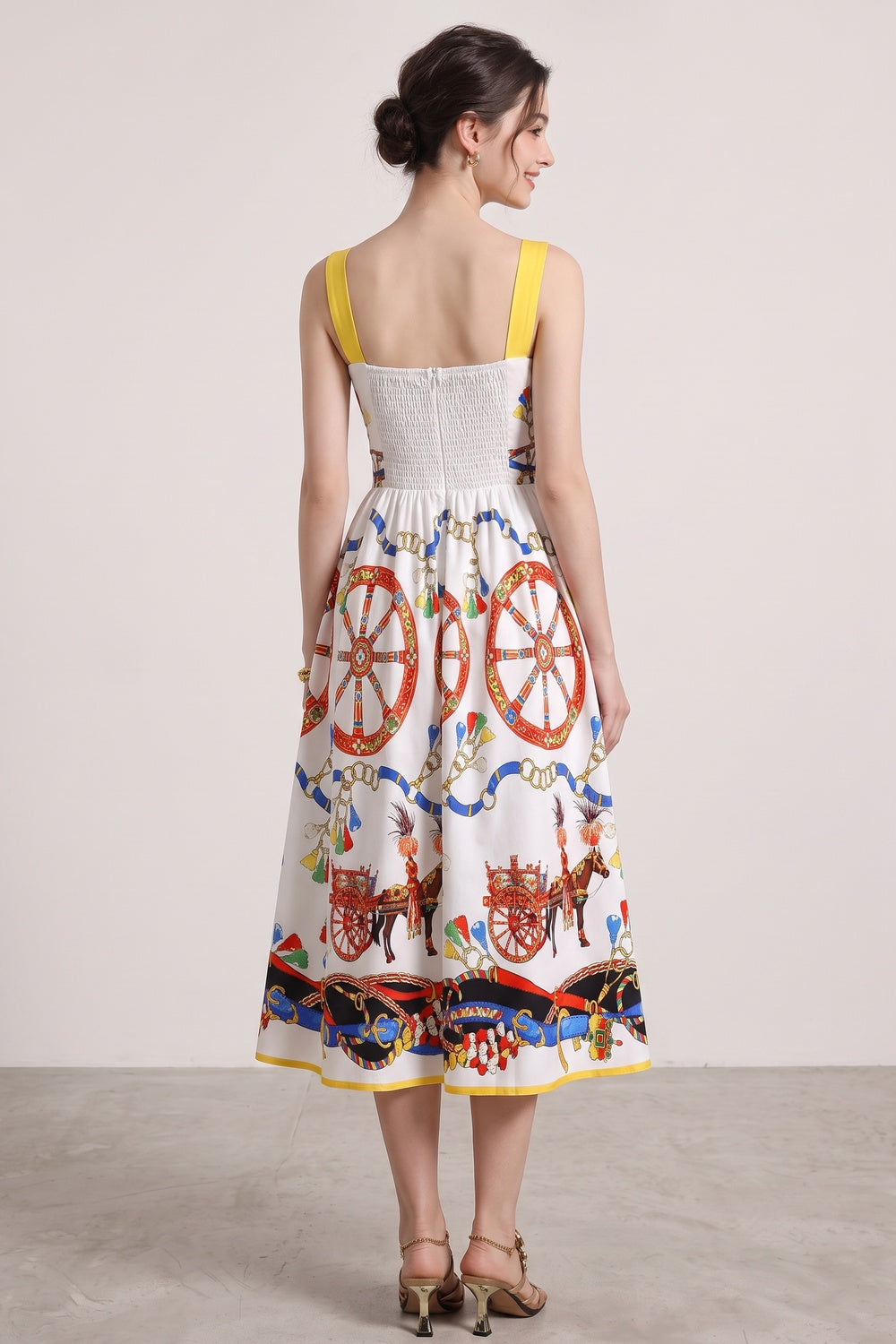 8af698c04872d278 WHITE CARRETTO PRINT FIT-AND-FLARE MIDI DRESS