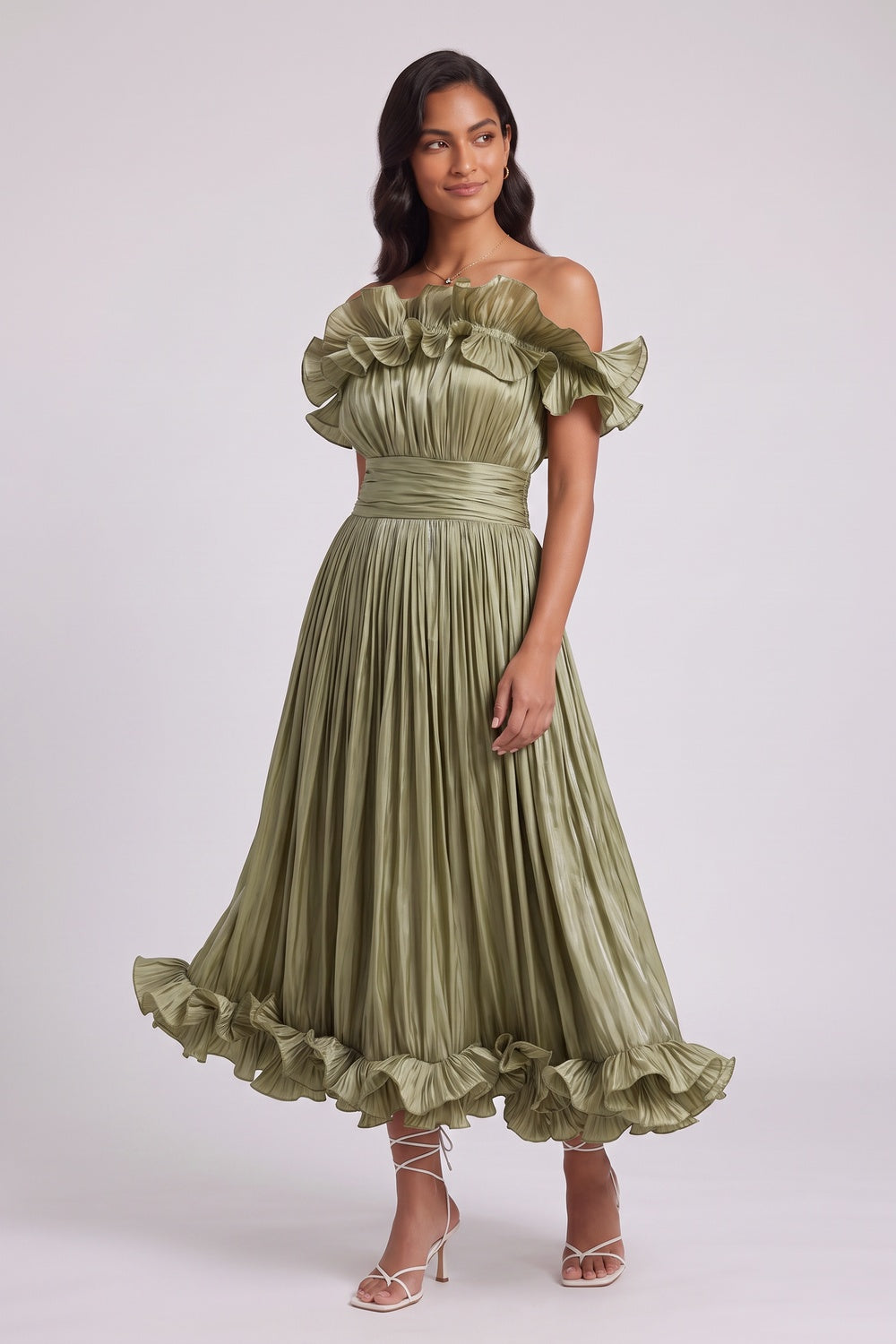 OLIVE GREEN OFF-SHOULDER PLEATED MIDI DRESS, FIT-FLARE