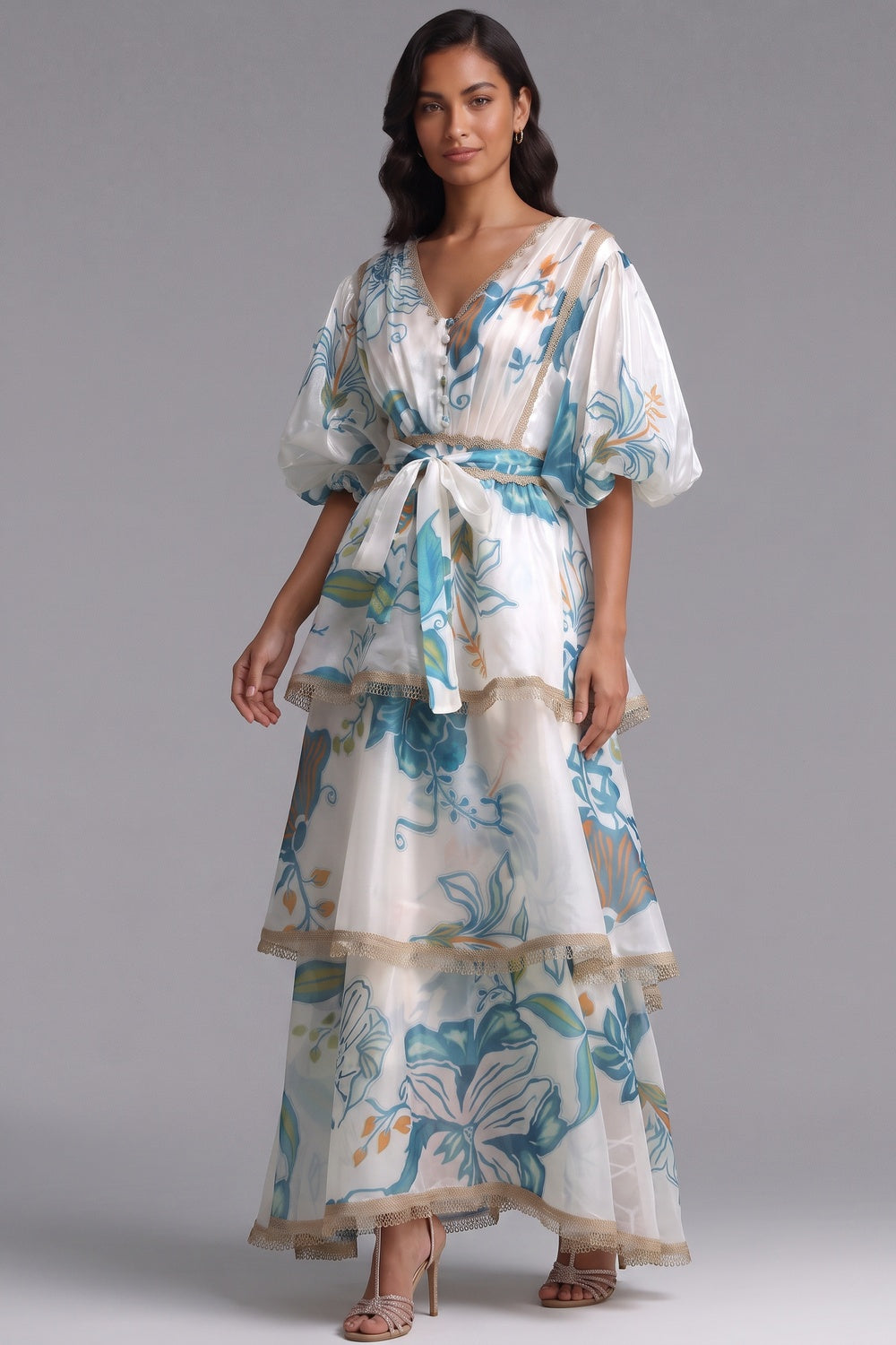 8b97d4778c20df20 WHITE SEMI-SHEER ORGANZA A-LINE TIERED MAXI DRESS