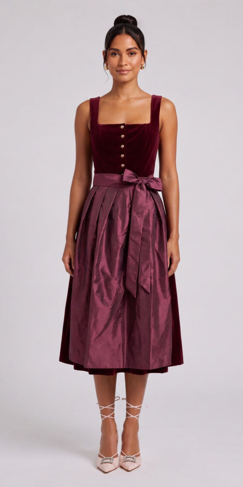 BURGUNDY VELVET A-LINE DIRNDL DRESS W/ APRON