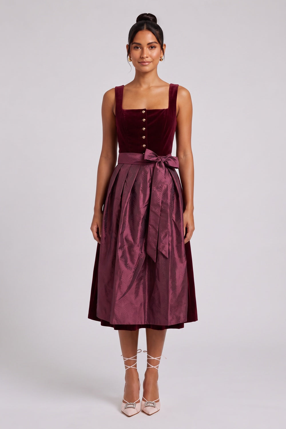 8bcb704a0b3c5445 BURGUNDY VELVET A-LINE DIRNDL DRESS W/ APRON