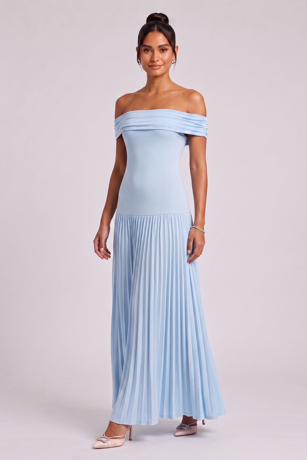 8c043d1873c6844d LIGHT BLUE OFF-SHOULDER PLEATED MAXI DRESS