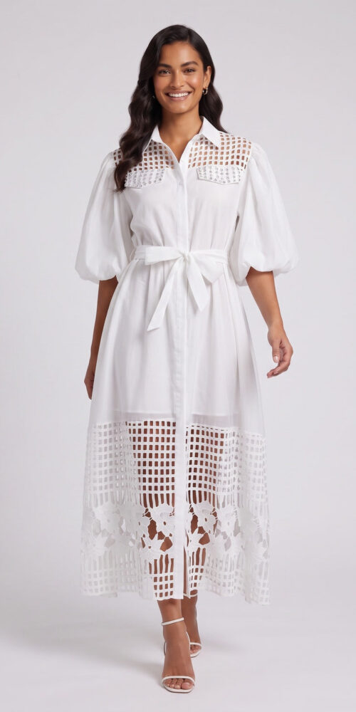 8c0d2033adc55388 WHITE LACE PUFF SLEEVE A-LINE SHIRT DRESS