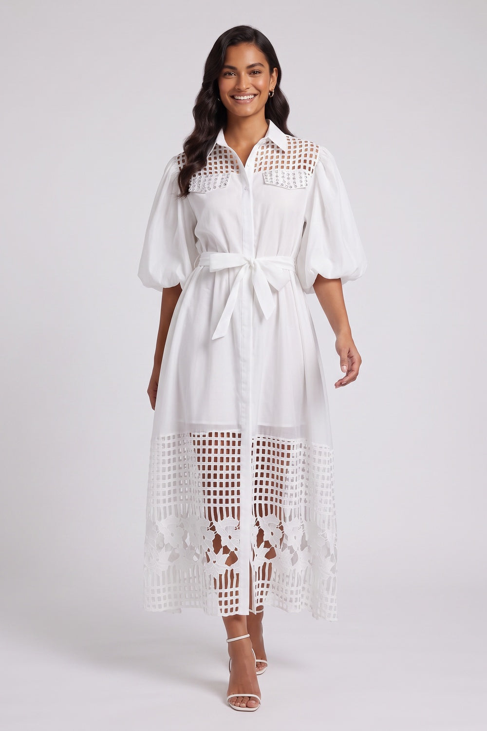 8c0d2033adc55388 WHITE LACE PUFF SLEEVE A-LINE SHIRT DRESS