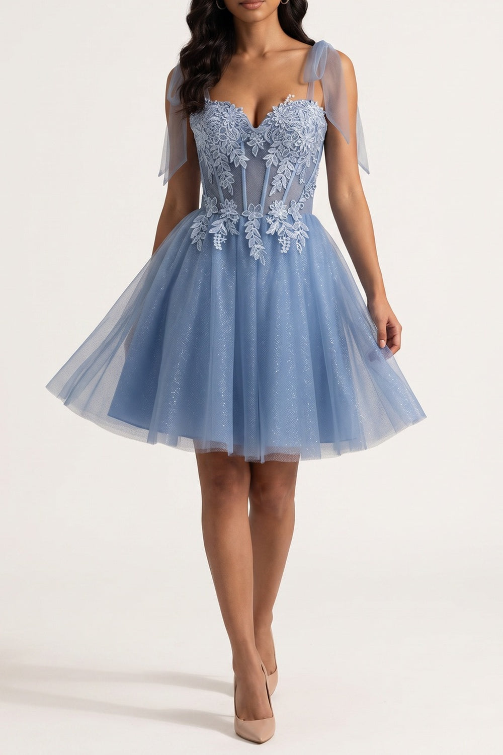 TULLE BOW STRAP LACE CORSET MINI DRESS