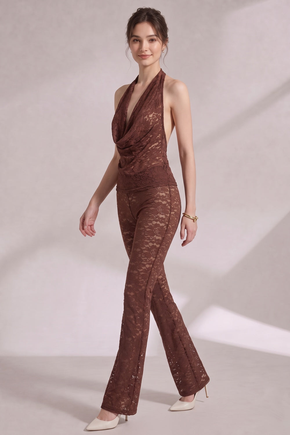 8c4c5f93bdeface1 CHOCOLATE BROWN LACE HALTER COWL NECK TOP & FLARED PANTS SET