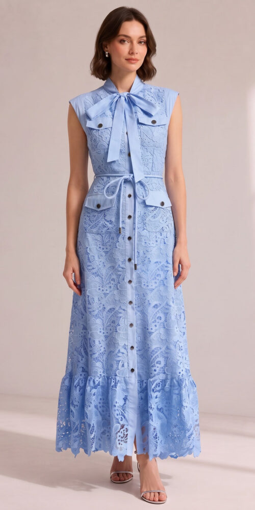 8c92ab214fda93c0 SKY BLUE SLEEVELESS LACE MIDI SHIRT DRESS