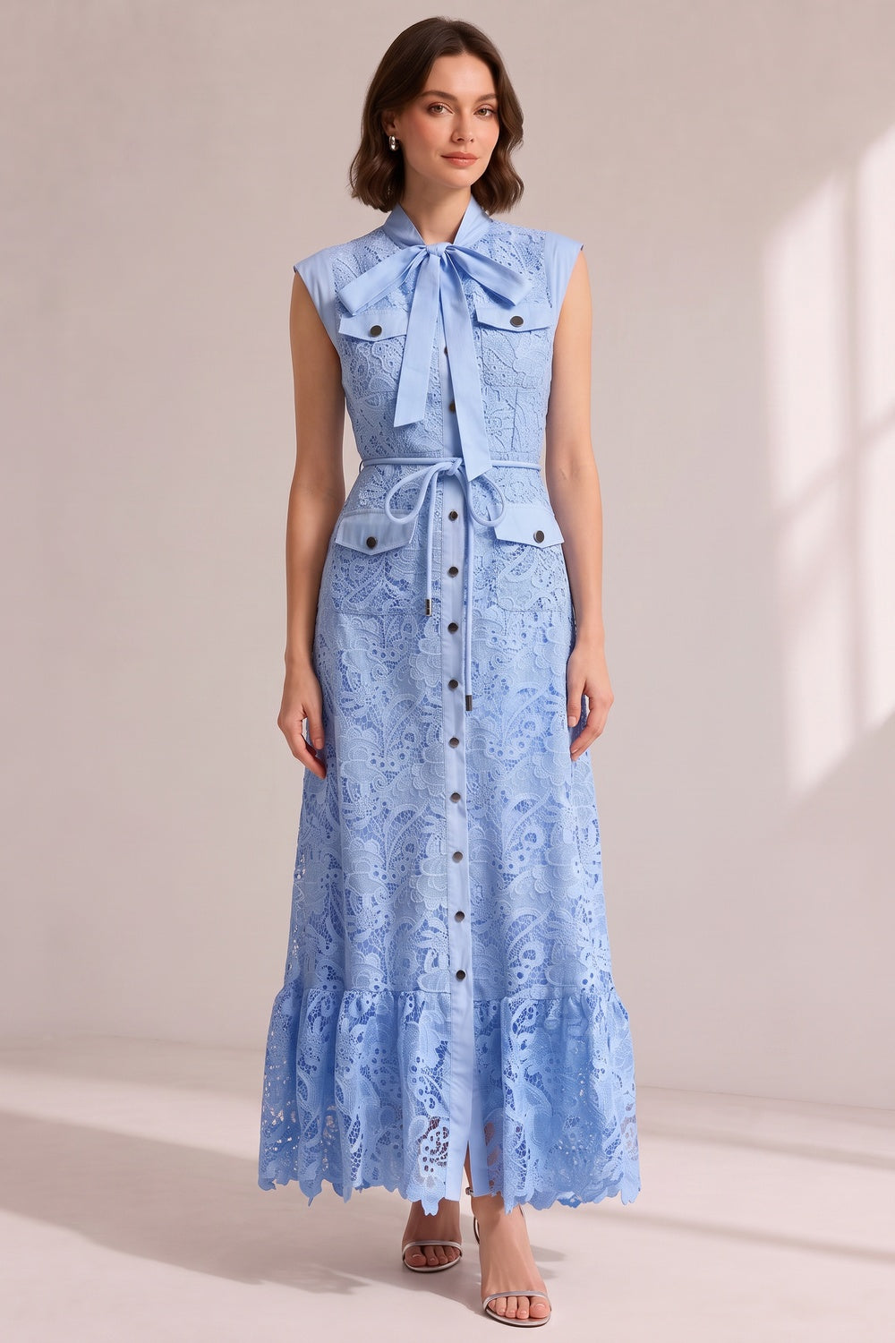 8c92ab214fda93c0 SKY BLUE SLEEVELESS LACE MIDI SHIRT DRESS