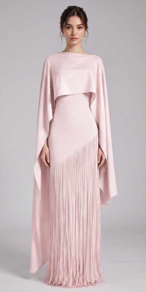 PALE PINK CAPE COLUMN GOWN - ASYMMETRIC EVENING DRESS