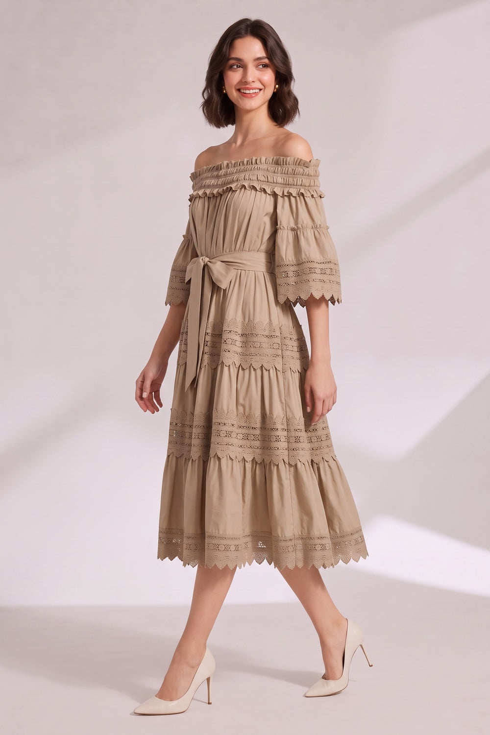 BEIGE OFF-SHOULDER TIERED MIDI DRESS LACE