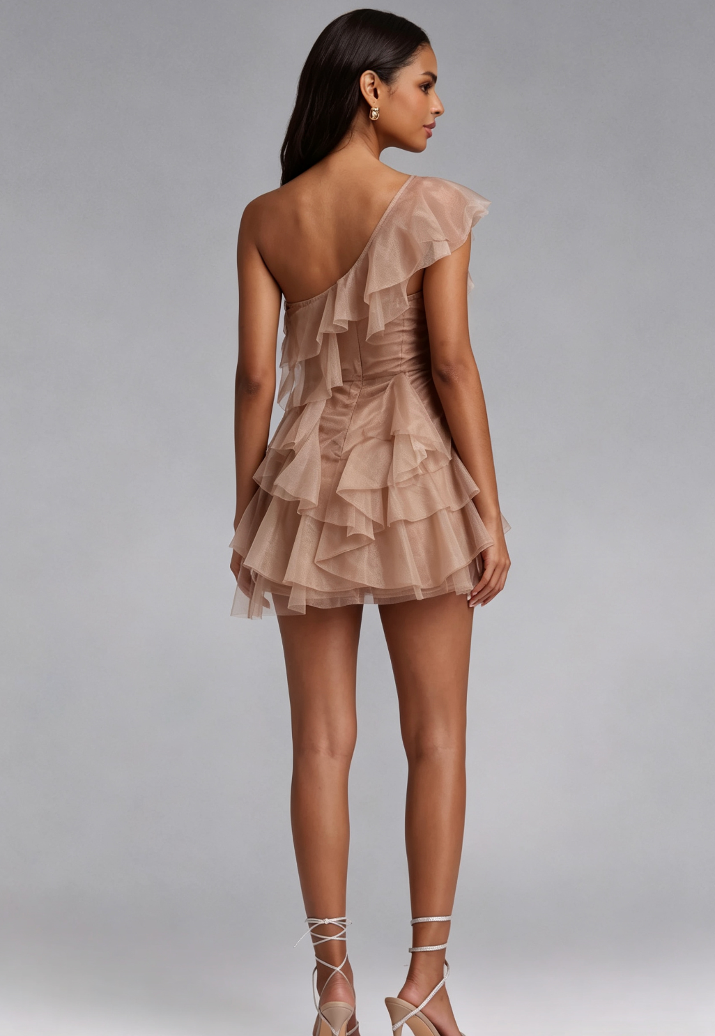 8cba2275e8f53e3279b4aeff6b2b8e92 TAUPE TIERED TULLE A-LINE MINI DRESS FOR PARTY