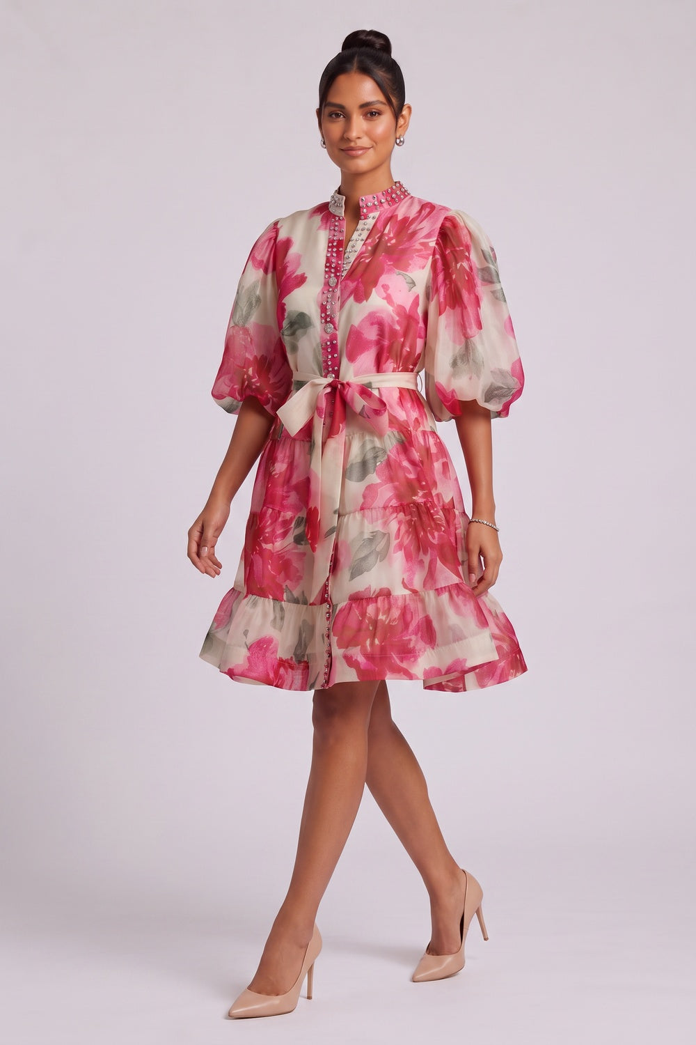 8d0ed60181bb8a74 CREAM WATERCOLOR FLORAL A-LINE PUFF SLEEVE PARTY DRESS