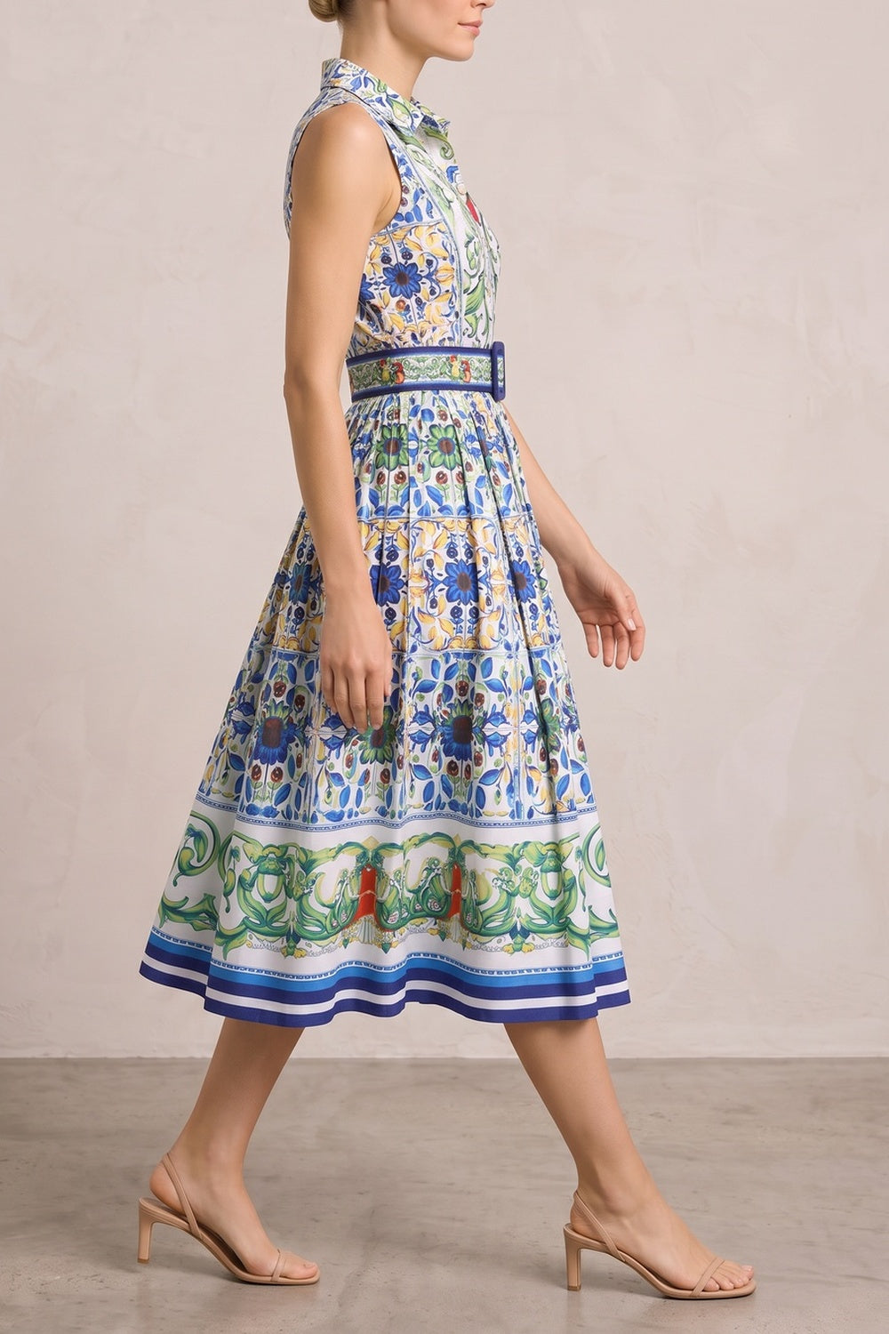 8d8b9d533a92ccc9 SLEEVELESS COLLARED TILE PRINT BELTED A-LINE MIDI DRESS