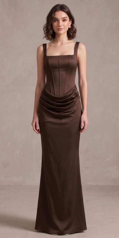 8d9a4432bff0ca95 DARK BROWN SATIN COLUMN GOWN DRAPED HIP EVENING WEAR