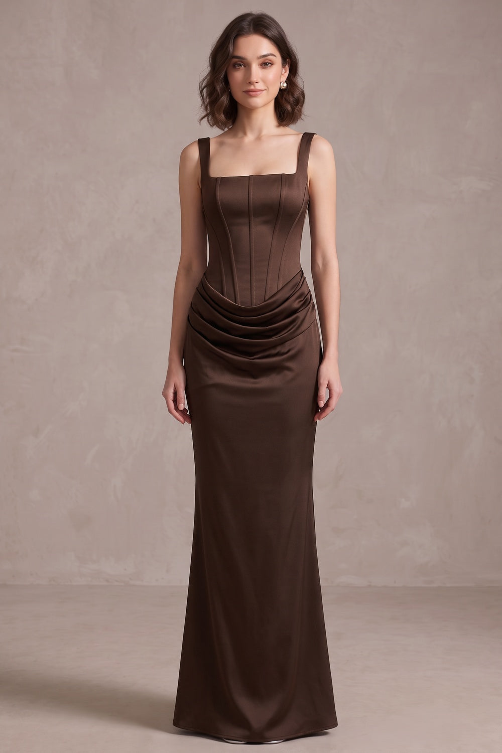 8d9a4432bff0ca95 DARK BROWN SATIN COLUMN GOWN DRAPED HIP EVENING WEAR