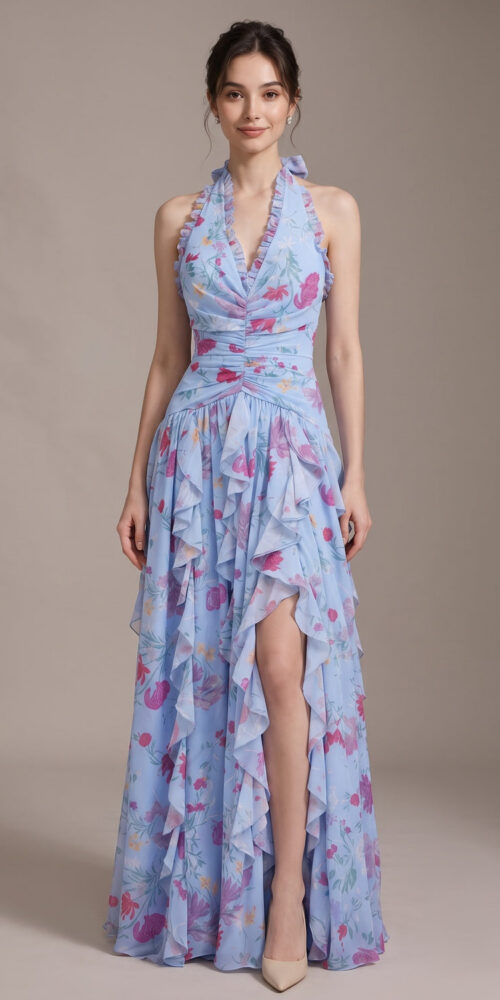 8dbc90296182a6c0 LIGHT BLUE CHIFFON FIT-AND-FLARE EVENING GOWN