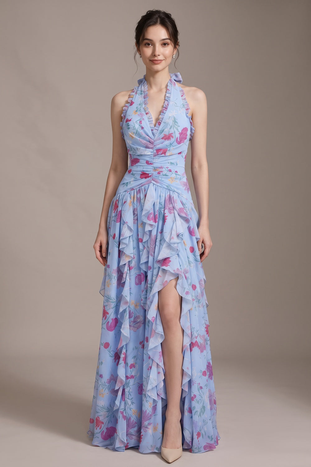 8dbc90296182a6c0 LIGHT BLUE CHIFFON FIT-AND-FLARE EVENING GOWN