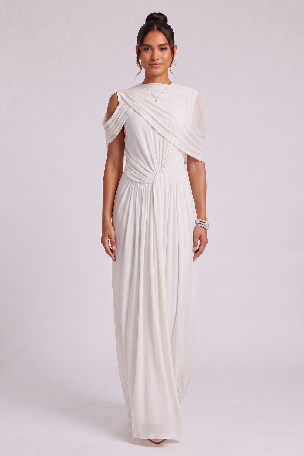 8dc05e42ecb79d66 WHITE COLD SHOULDER DRAPED MAXI DRESS FOR WOMEN