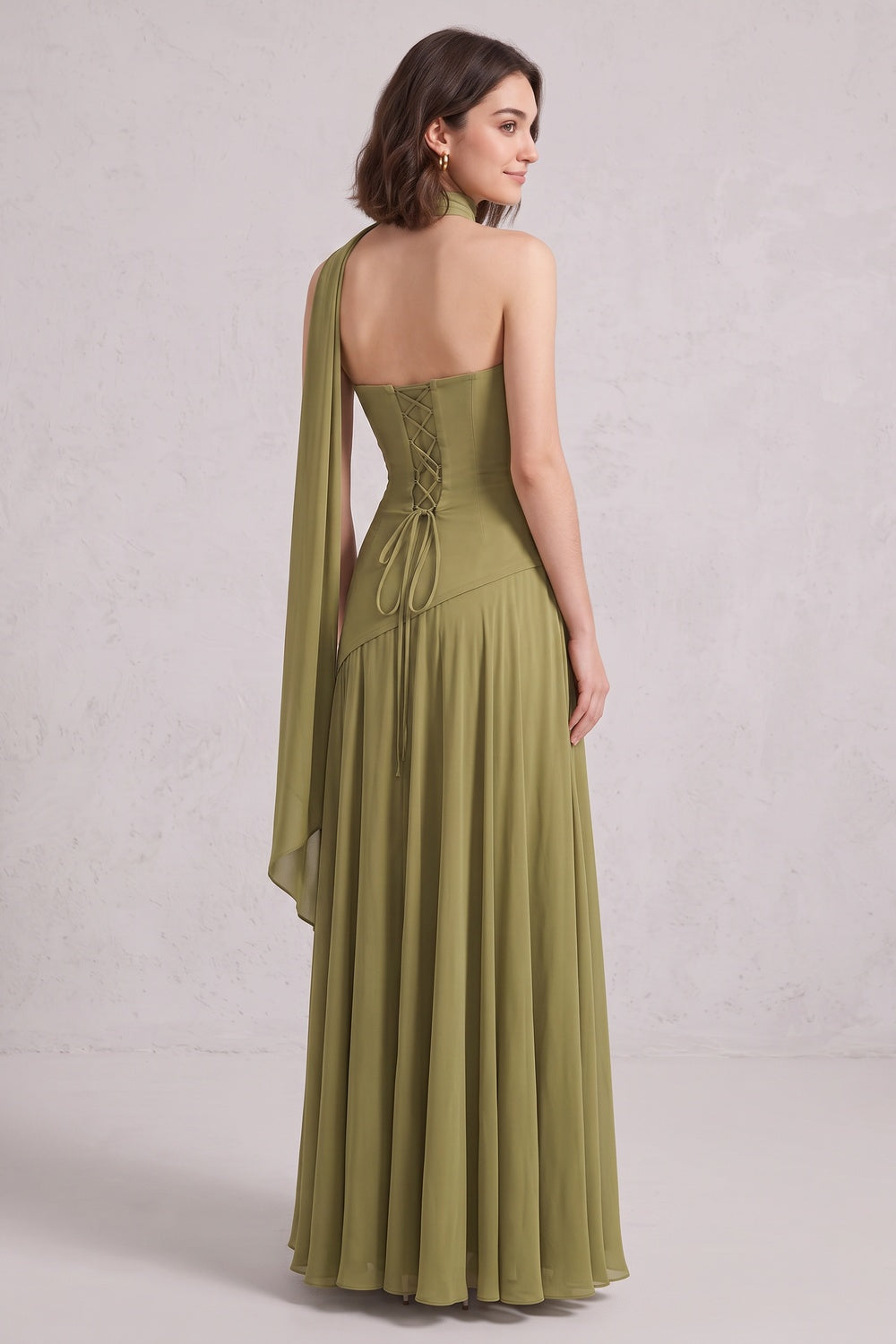 8dcab75023b2fb98 OLIVE GREEN CHIFFON A-LINE COWL BACK GOWN