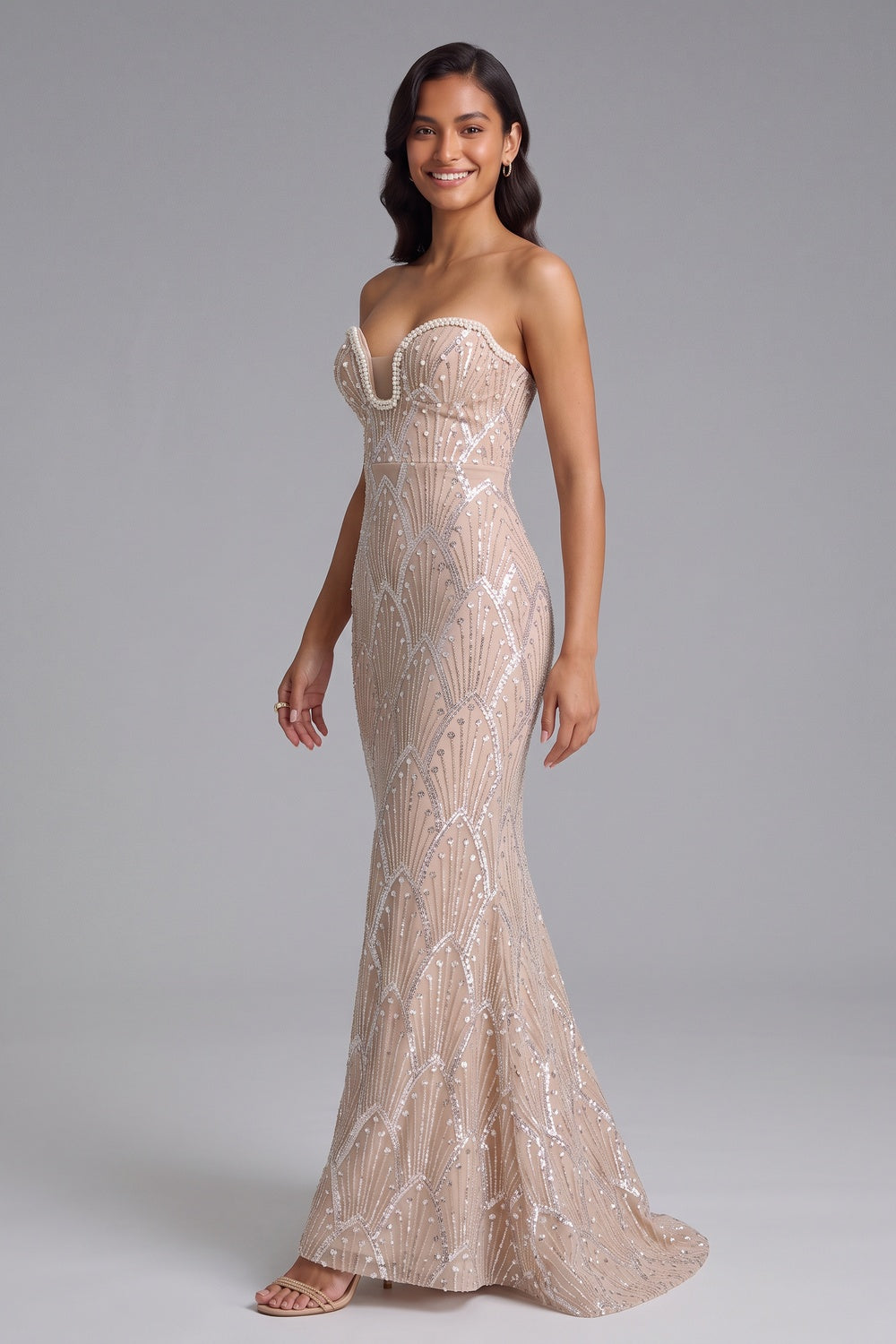 8ddcdf1cda199476 BEADED MERMAID STRAPLESS EVENING GOWN FLOOR-LENGTH