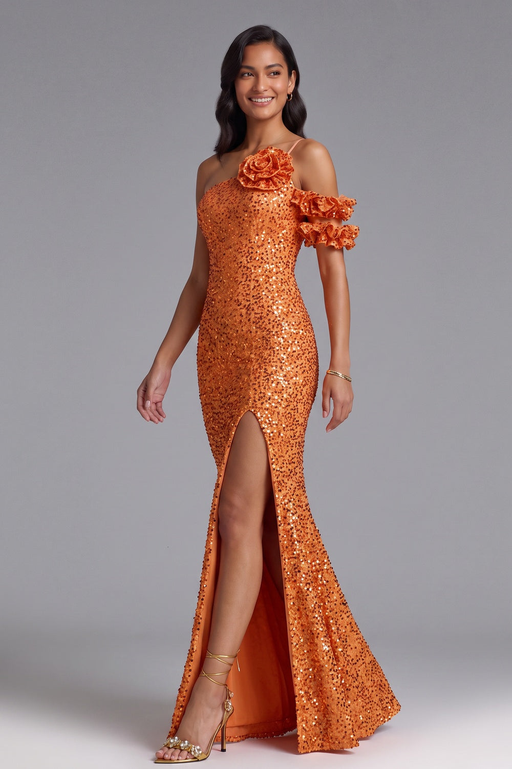 8e2986a679b765ba ORANGE SEQUIN ONE-SHOULDER FLOOR-LENGTH GOWN
