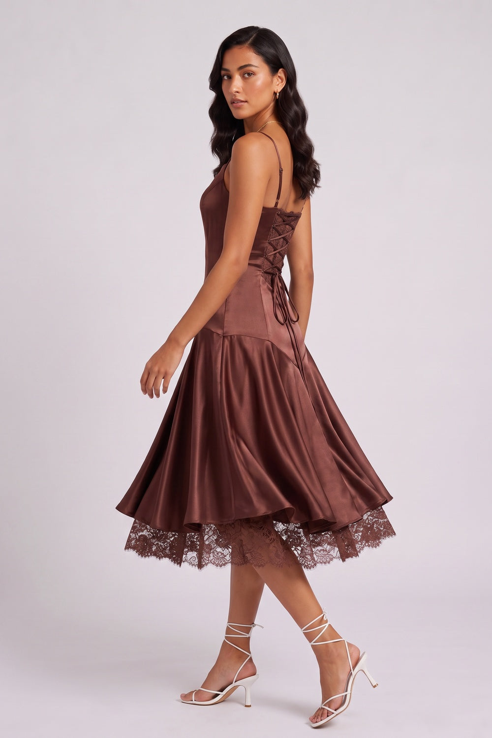 8ebf76c77a201af1 CHOCOLATE SATIN LACE HEM MIDI DRESS, SPAGHETTI STRAP