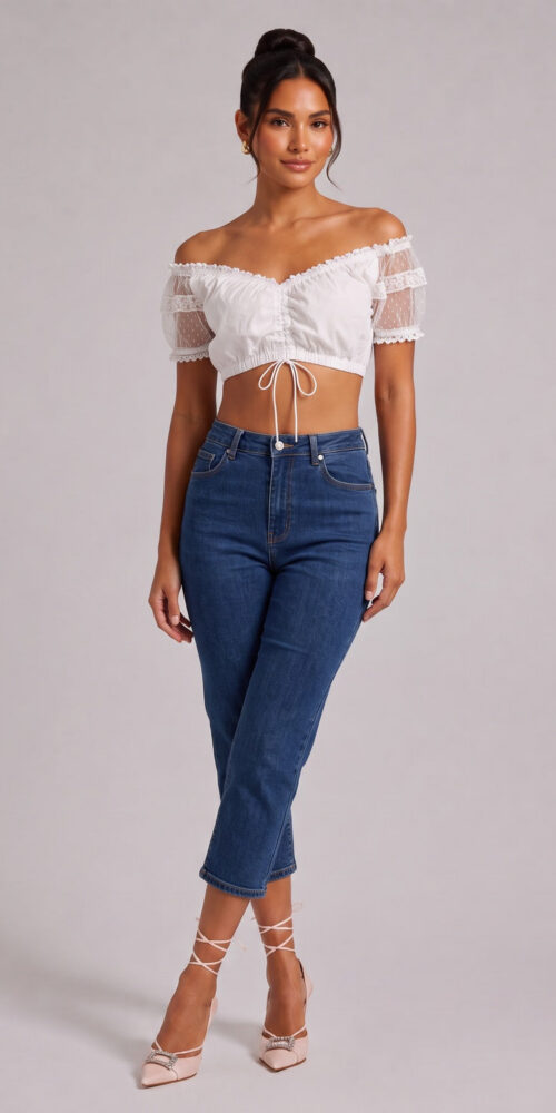 8ebf927c373095c3 WHITE COTTON BLEND CROPPED BLOUSE WOVEN TOP